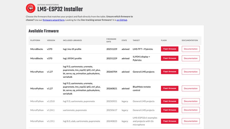 LMS-ESP32 firmware installer with a BlueMote row