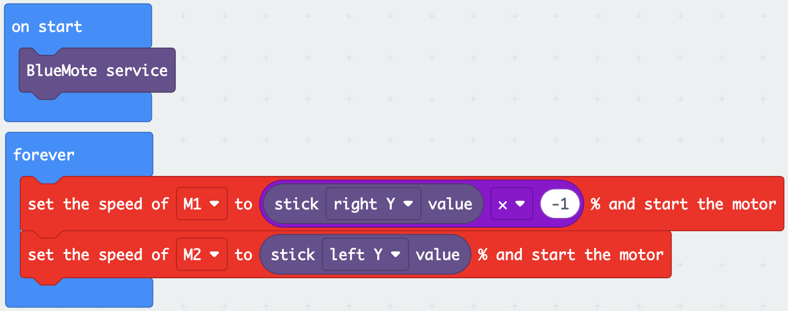 MakeCode: BlueMote service on start, then forever mapping right and left stick Y to motors M1 and M2